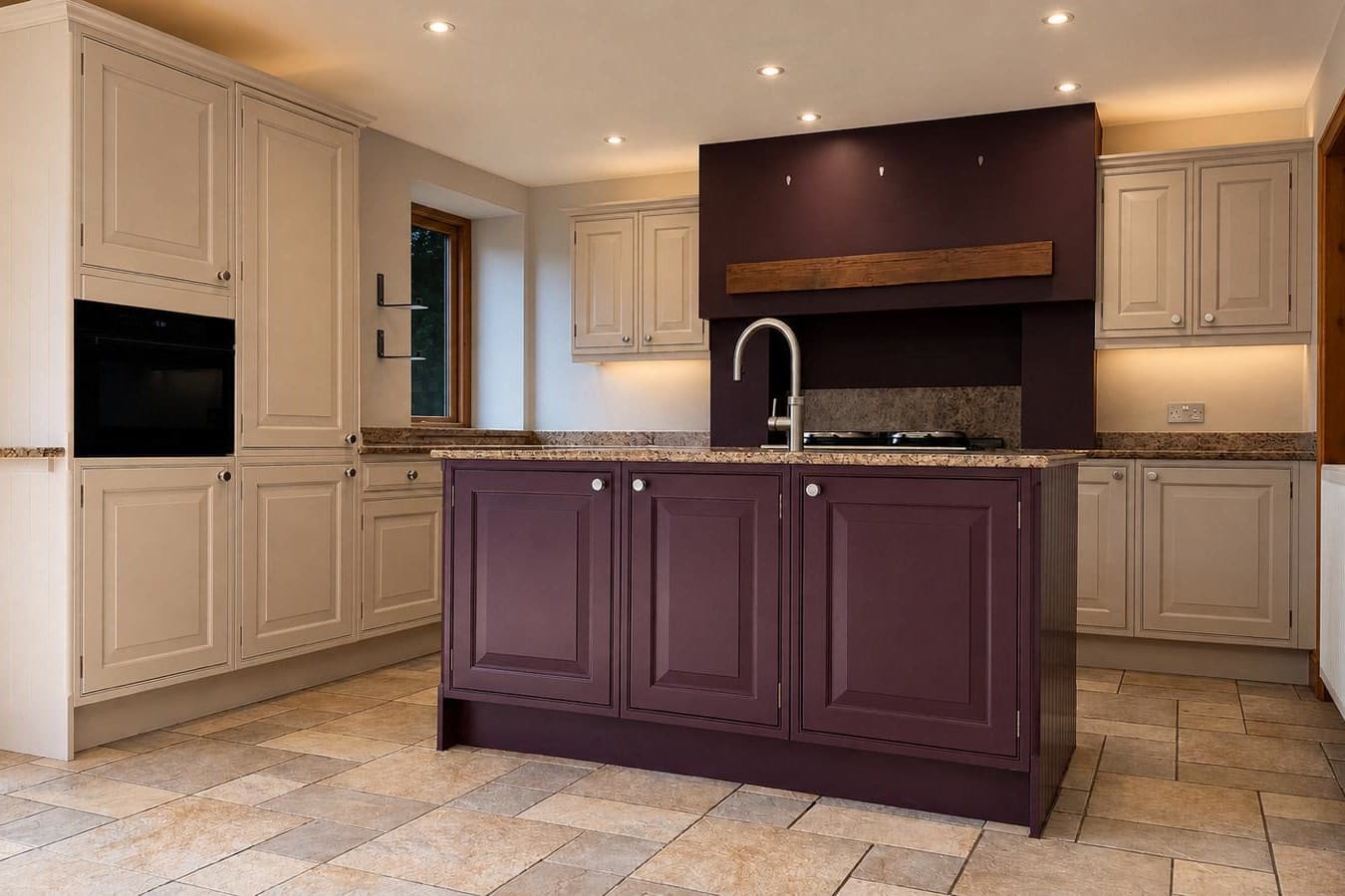 A kitchen in Farrow & Ball Elephant's Breath with the island in Brinjal