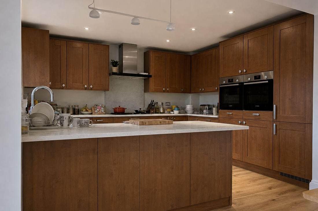 Kitchen before respraying, with dark walnut units, a matching island and integrated ovens
