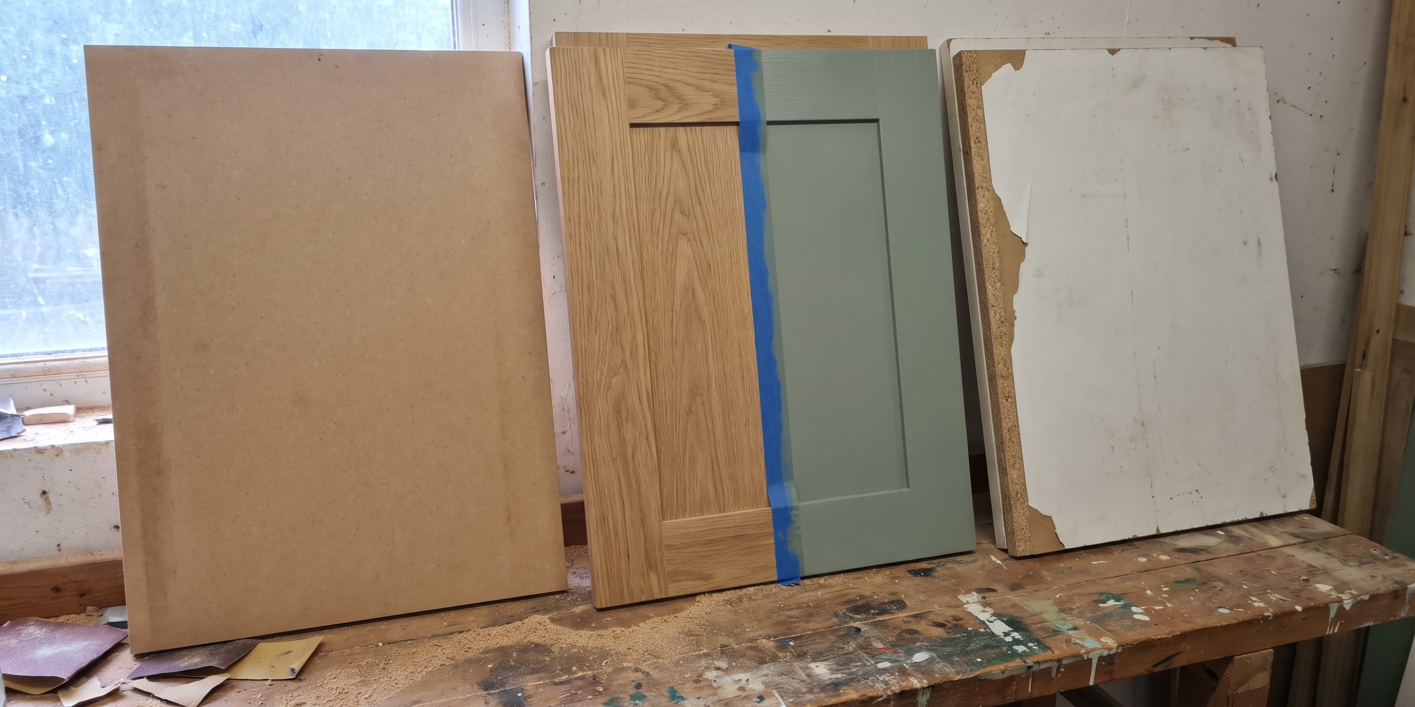Three kitchen cabinet doors of different materials lean against a workshop bench, one partly masked with tape dividing bare wood from a freshly sprayed sage-green section.