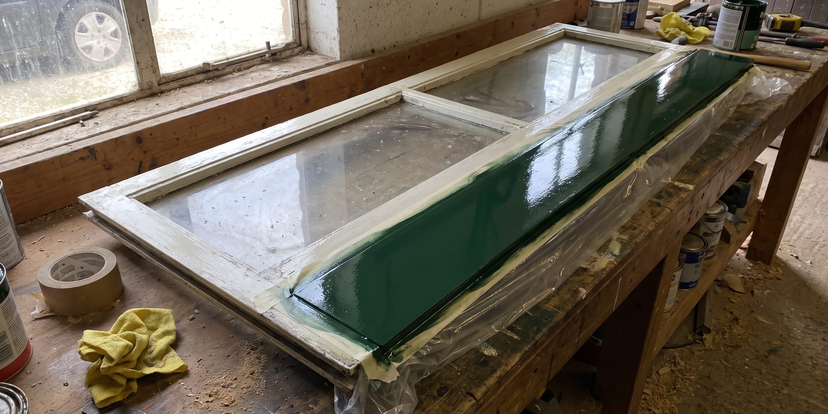 A section of window framing on a workshop bench shows half its surface in old dull paint and the other half freshly spray-painted in glossy deep green, divided by a strip of masking tape and film, with the glass still fitted in place and a roll of tape resting on the bench beside it.