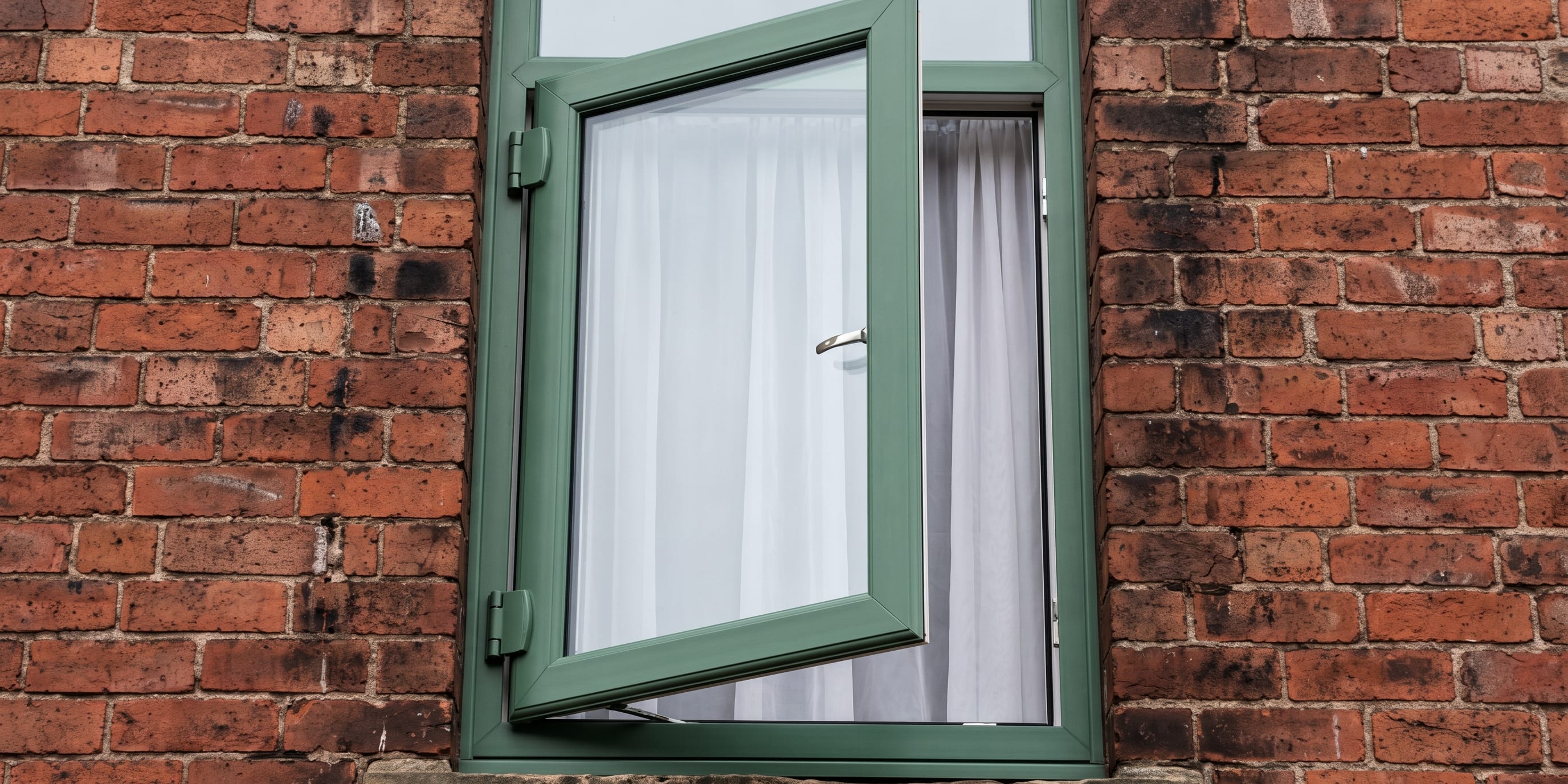 An open green uPVC casement window with a white curtain visible inside, set into a red brick wall.