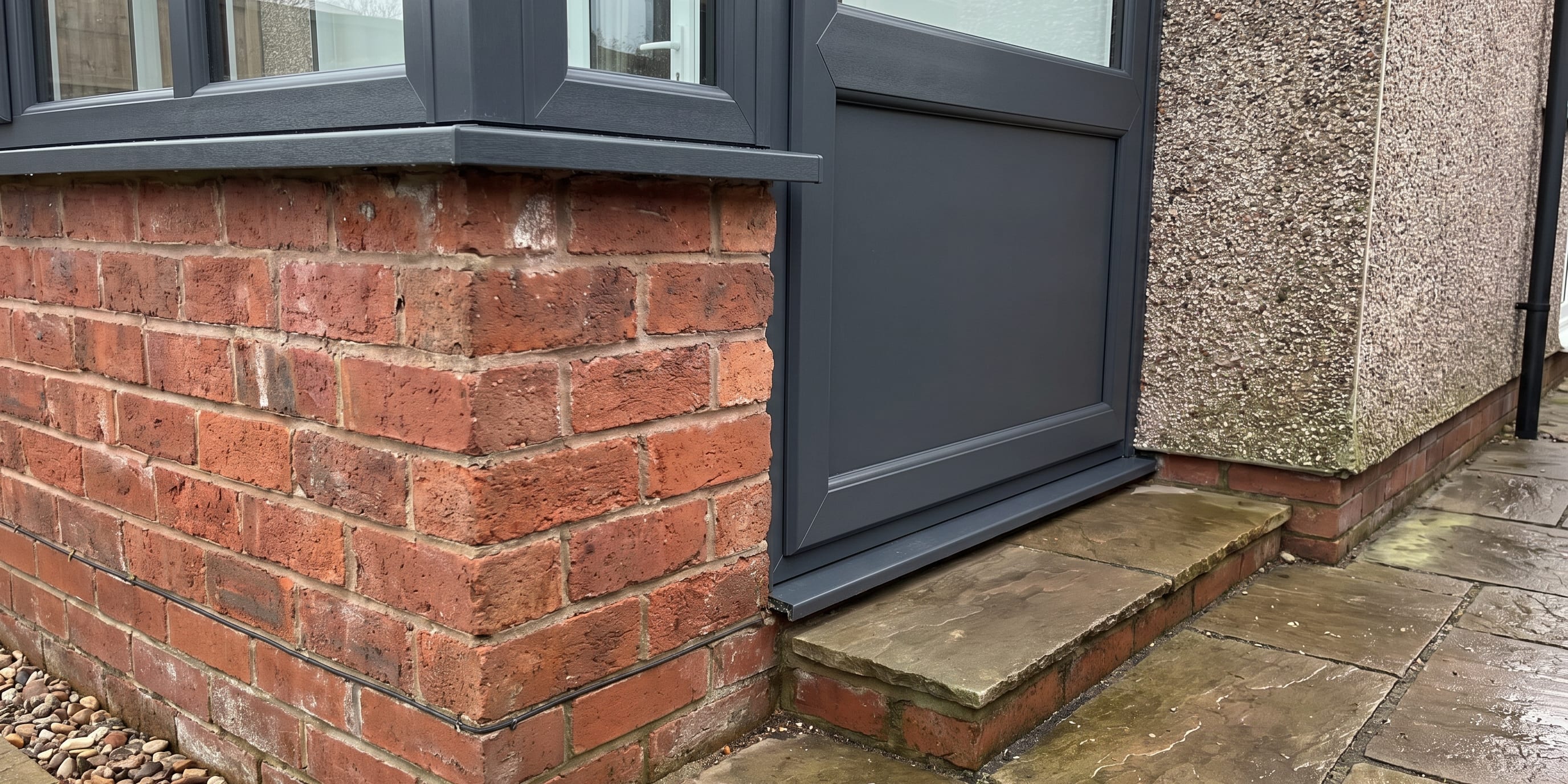A dark grey uPVC door and window frame set into a red brick house corner, with a stone step and patio below.